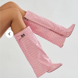 Pink Croc-Embossed Knee-High Boots